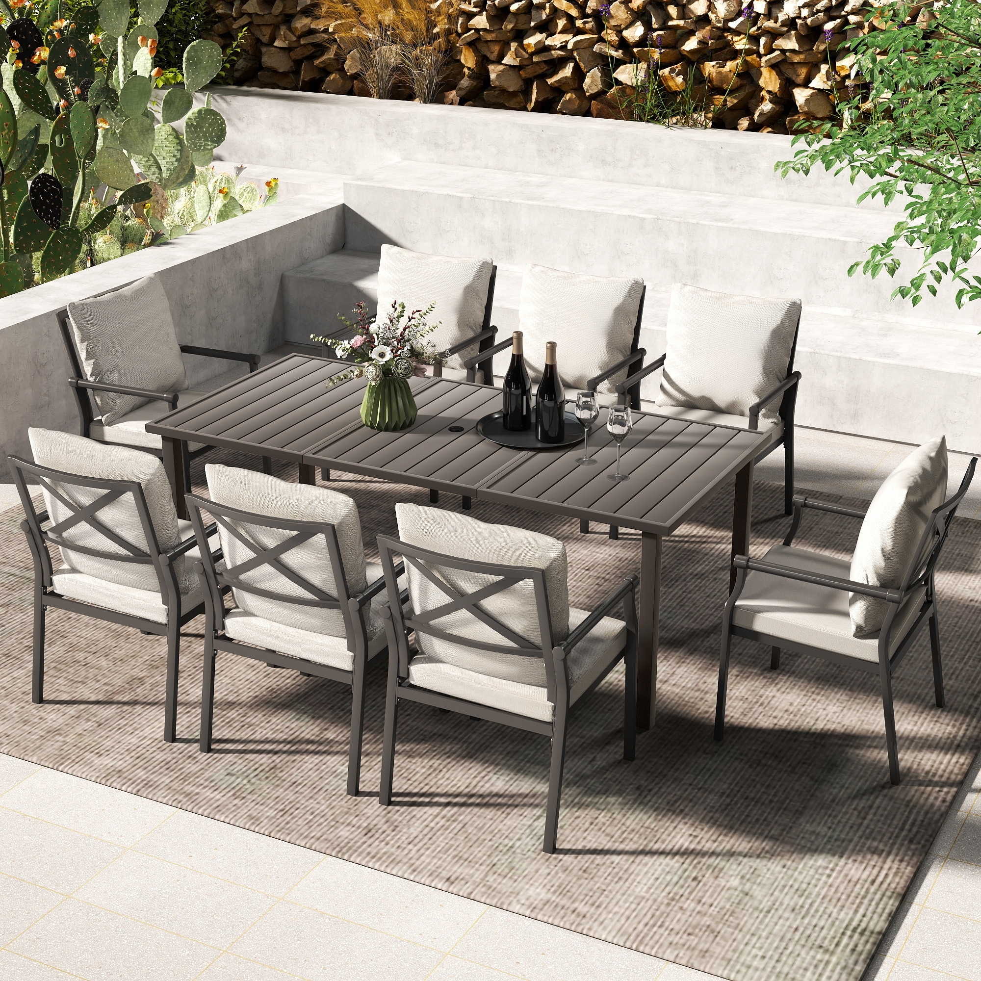 Urbanease 9-Piece Metal Patio Dining Set with Beige Cushions, 8 Dining Chairs and Rectangular Table