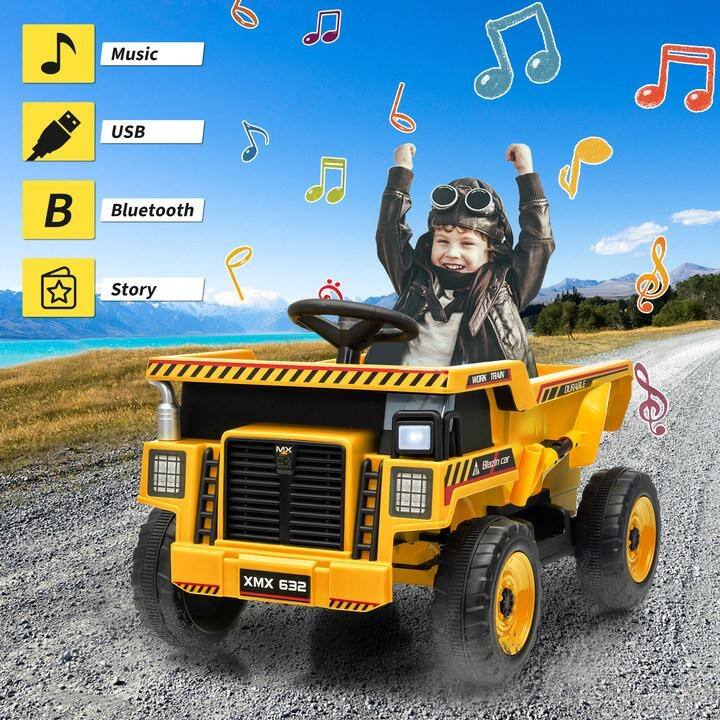 12V Ride-On Dump Truck with Remote Control, Automatic Lift Bed, Shovel & Music Player – for Kids Ages 3–8