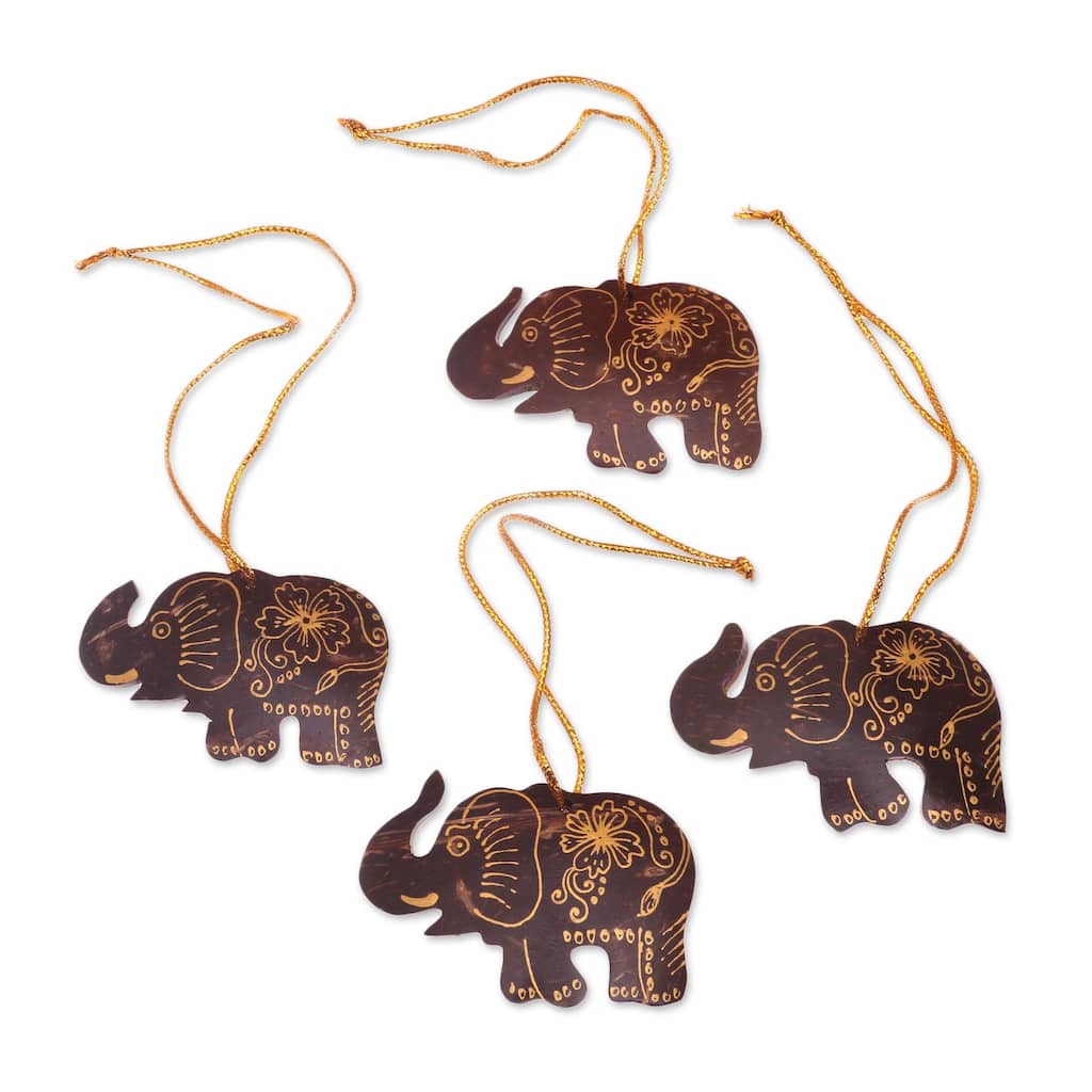 Novica Handmade Imperial Elephants Coconut Shell Ornaments (Set Of 4)