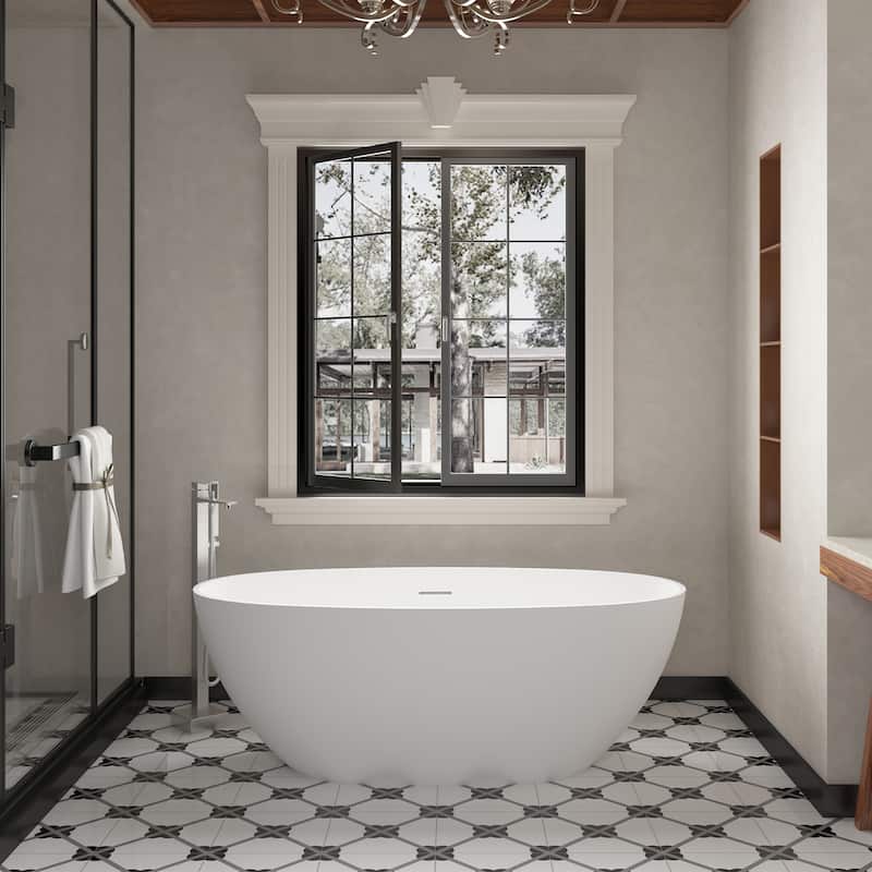 CASAINC Soaking Bathtub Solid Surface Stone Bathtub with Center Drain in Matte White