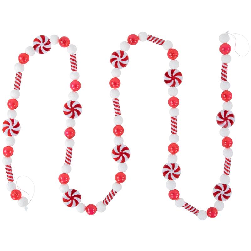 6' Red and White Beaded Peppermint Candy Christmas Garland Unlit