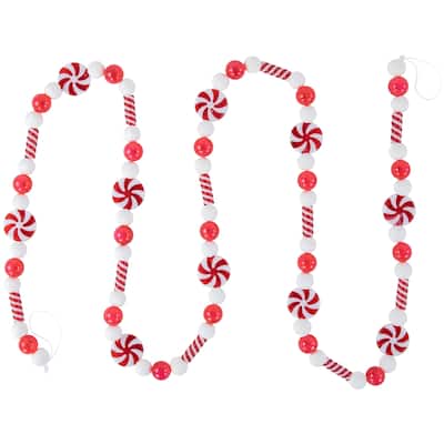 6' Red and White Beaded Peppermint Candy Christmas Garland Unlit