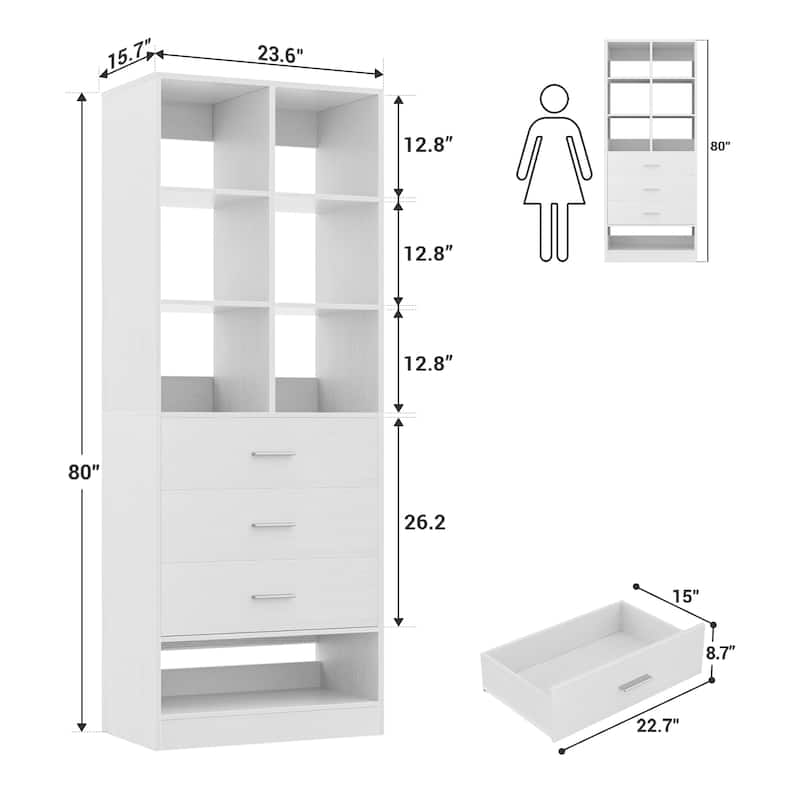 Set of 2 Closet System with 7 Wooden Drawers ＆ 4 Hanging Rods, Heavy Duty Walk-in Closet Organizer System with Shelves