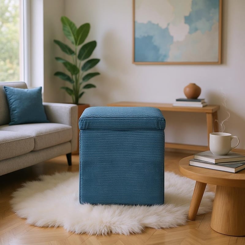Modern Square Corduroy Ottoman Footrest with Hidden Storage for Living Room or Bedroom - Blue