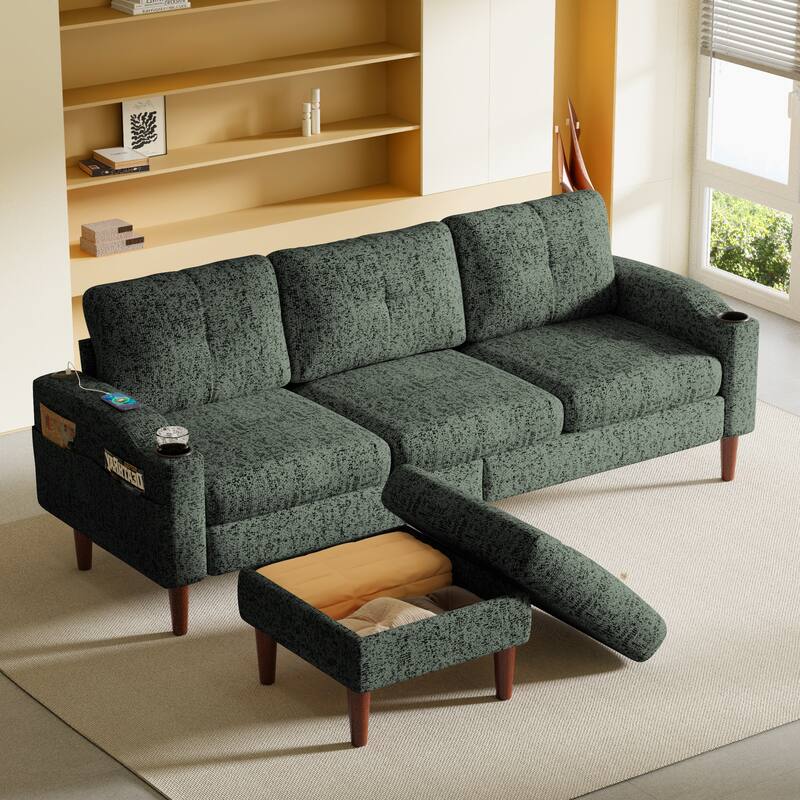 Green 3-Seater Convertible Combination L-Shaped Sofa with Footstools and Storage - Multi-Color