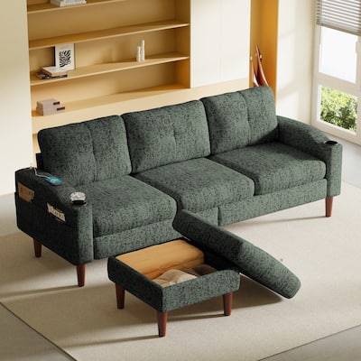 Green 3-Seater Convertible Combination L-Shaped Sofa with Footstools and Storage