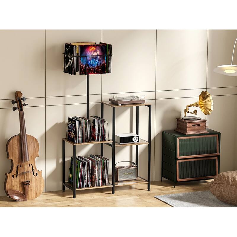 Anmytek Record Player Stand & Table - 6-Tier Rotating Vinyl Storage, Holds 300 Albums, Display Shelf for Bedroom & Living Room - Black/Brown