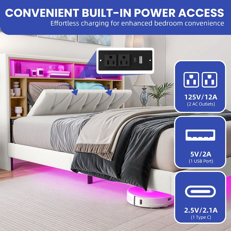 King Size Floating Bed Frame with Bookcase Storage Headboard and RGB LED Lights