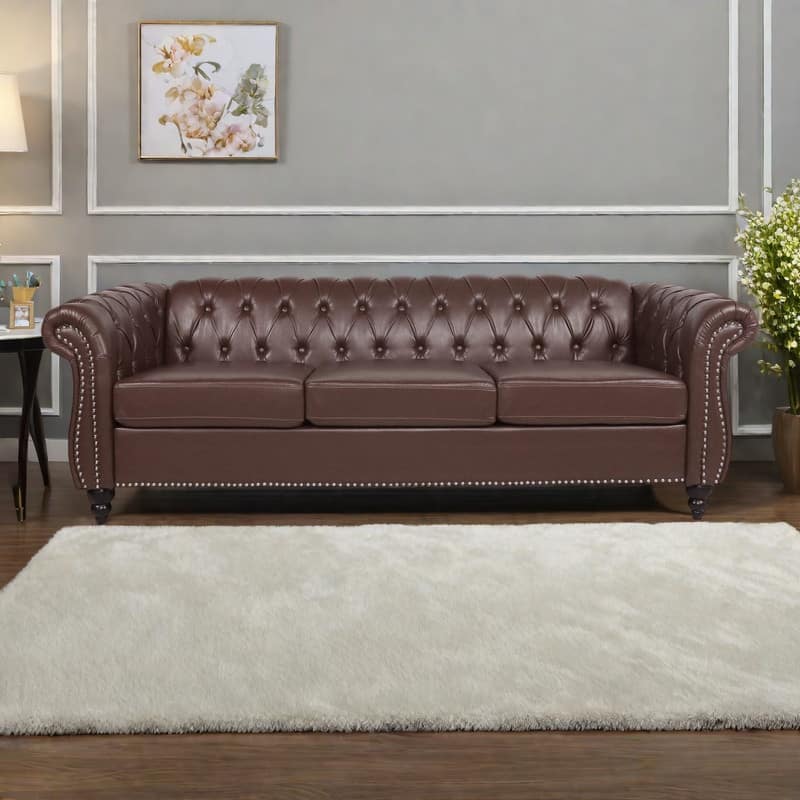 84.65" PU Leather Chesterfield Sofa with Rolled Arms (3-Seater) - Dark Brown