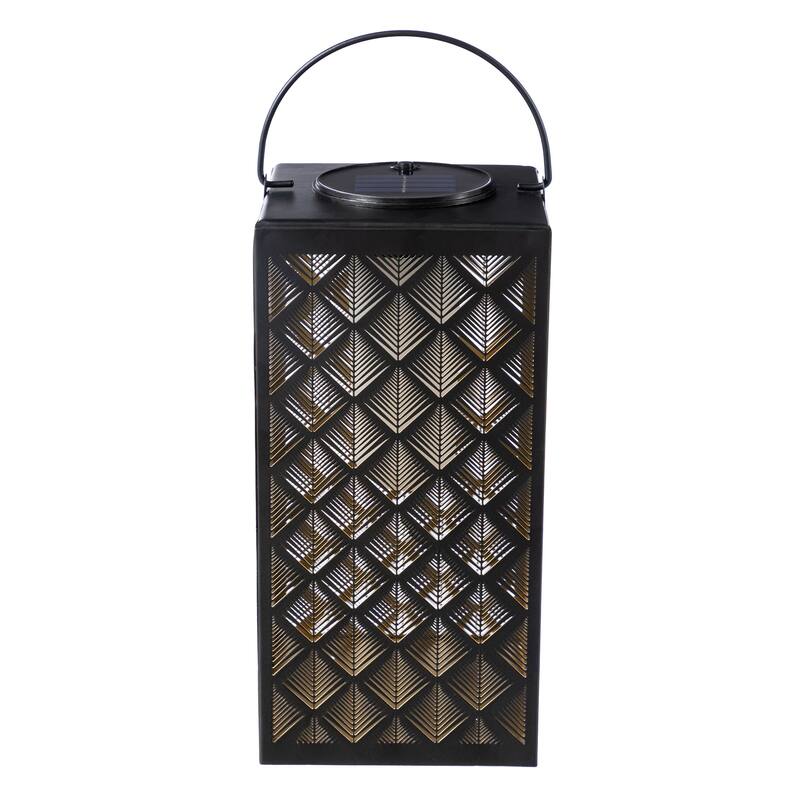 Glitzhome 11"H Black Metal Cutout or Square Textured Glass Pattern Solar Powered Hanging Lantern with LED Light