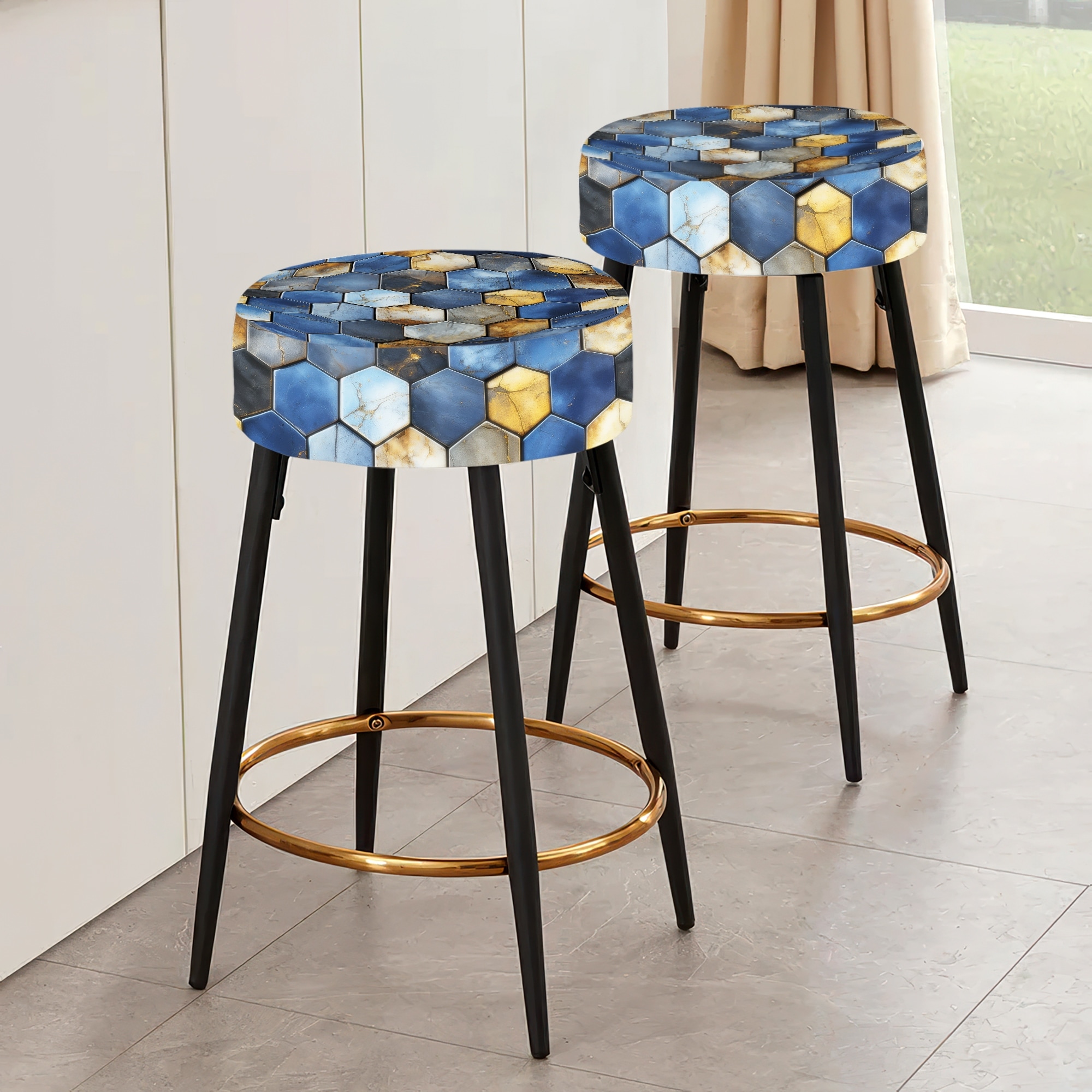 Designart Grey And Blue Hexagon Symmetry Upholstered Geometric