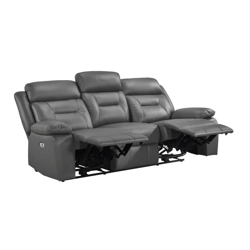 Conia Power Double Recliner Sofa, Dark Gray Leather, USB, 87 Inch
