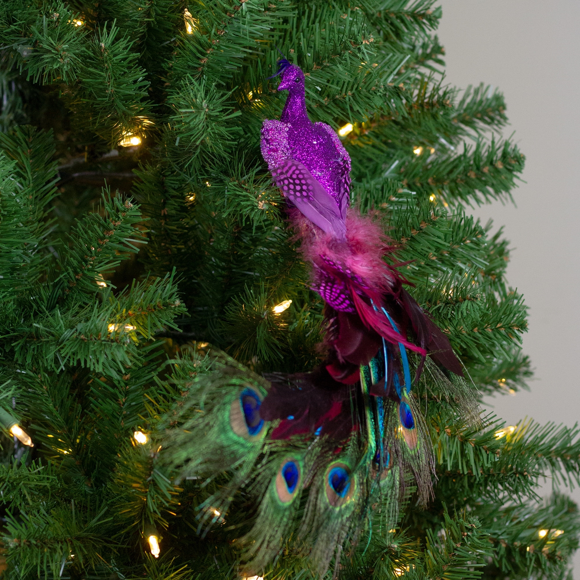 Pair of Teal and Purple Peacock Glitter Ornaments