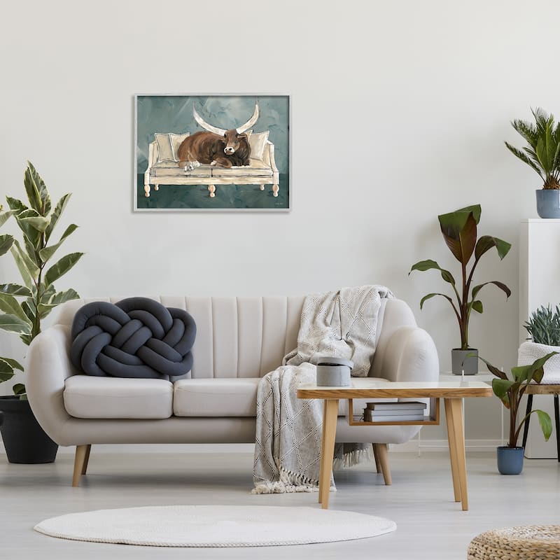 Stupell Longhorn Bull Laying Living Room Couch Green Gray Framed Wall Art