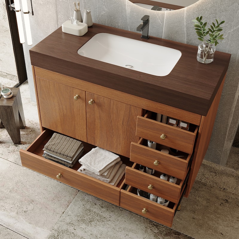 36" Bathroom Vanity with Faux Marble Top & Ceramic Sink, 5-Drawer Storage Cabinet with Stainless Steel Legs