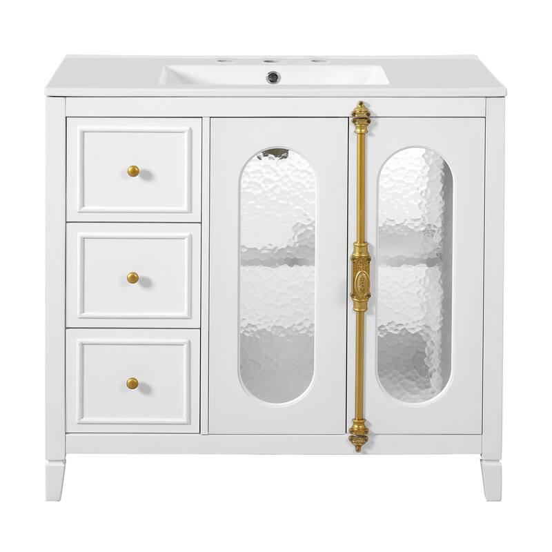 36" Bathroom Vanity with Ceramic Sink Freestanding Bathroom Storage Cabinet with 3 Drawers and 2 Soft Close Door