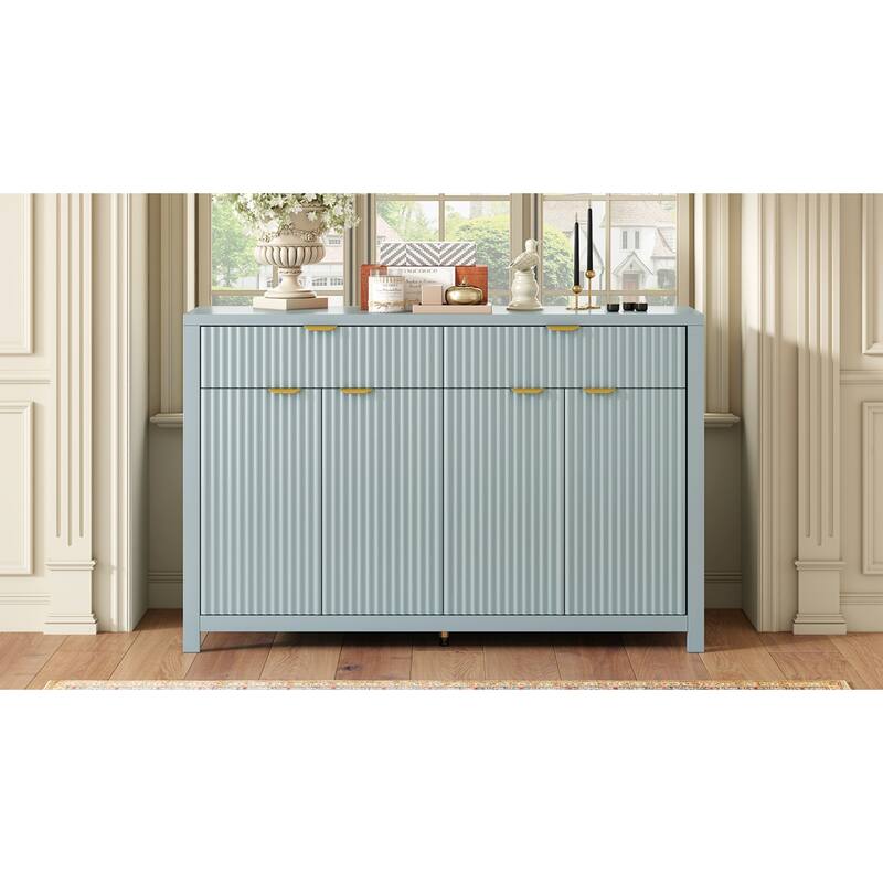 Roomfitters Sideboard Buffet Cabinet with 2 Drawers, 4 Door Mid-century Modern Fluted Storage for Kitchen & Dining Room, Cyan