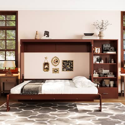 Queen Size Foldable Platform Bed With Height Adjustable Storage Compartments And Shelf,Wall Bed Frame With 1 Drawer