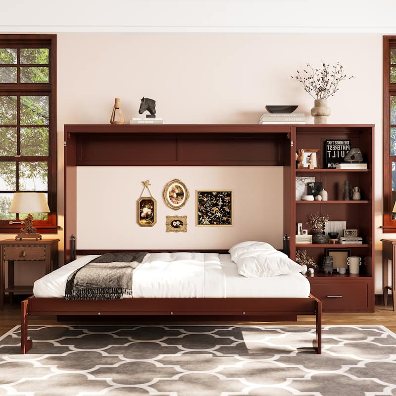 Roomfitters Queen Size Murphy Bed with Adjustable Storage Compartments and Shelf, Foldable Wall Bed with Drawer