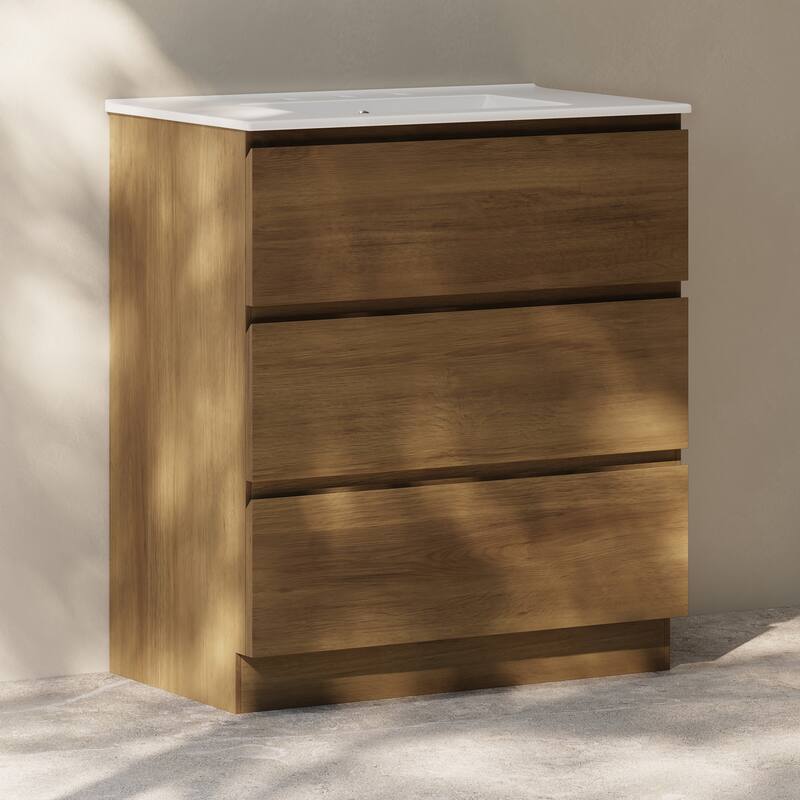 Liberte 30" Freestanding Bathroom Vanity In Brown Oak With 3-Hole Widespread Sink Top - 30