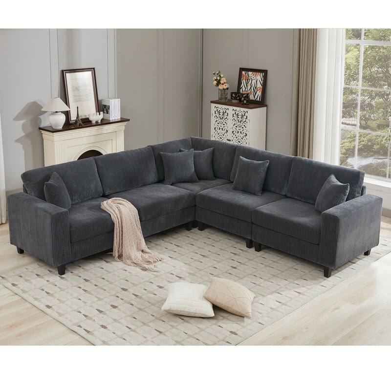 Oversized Modular Sectional Sofa Set, L Shaped, Corduroy Upholstered, 5 Seat, Gray - Multi-Color