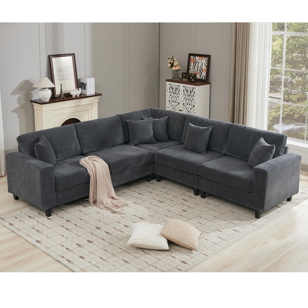 Oversized Modular Sectional Sofa Set, L Shaped, Corduroy Upholstered, 5 Seat, Gray