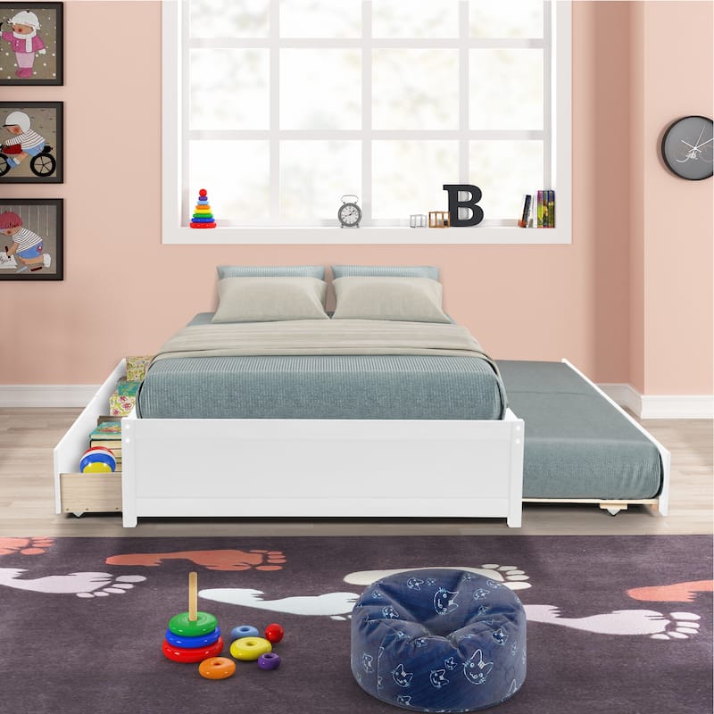 Solid Wood Captain Bed with Trundle and Drawers - Full Size Bed with Modern Design