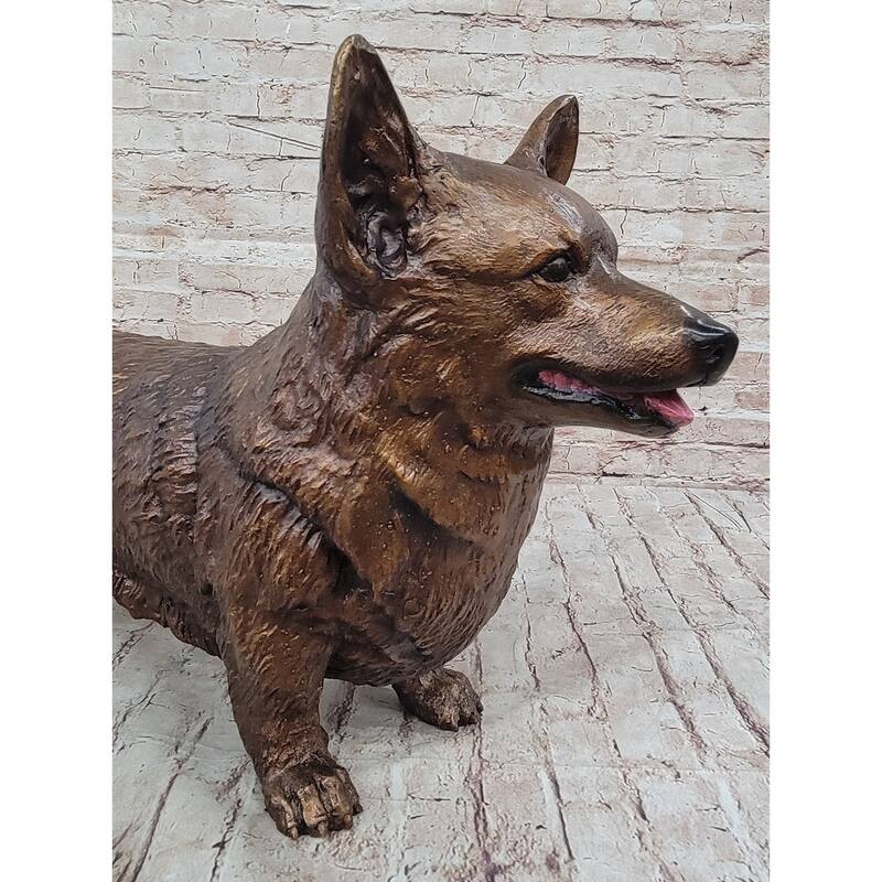 Bronze Metal Corgi Imitative Dog Sculpture Statue Figurine Collectible Decor Signed Art