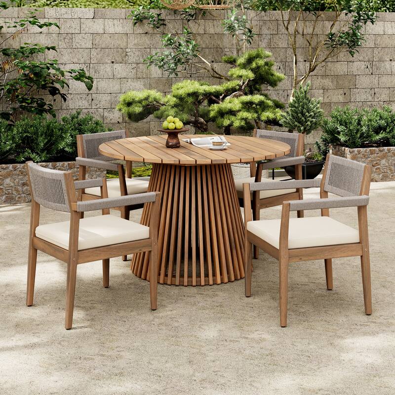 Christopher Knight Home - Franky Acacia Outdoor 5 Piece Dining Set with Rope and Cushion - Teak Look + Beige Rope + Cream Cushion
