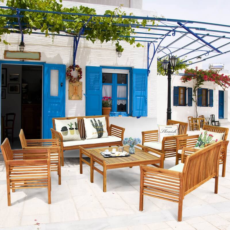Gymax 8 Piece Outdoor Acacia Wood Sofa Set w/ Teak Wood Oil Water
