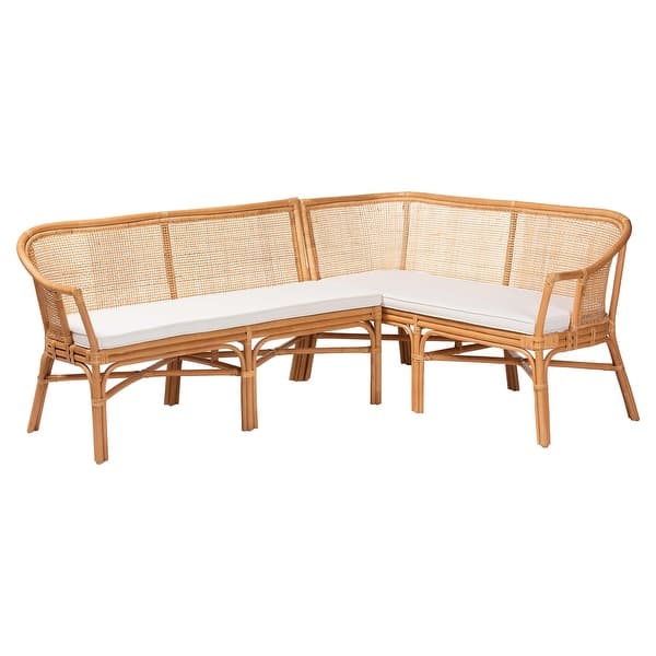 slide 2 of 9, Adede 2-Piece Natural Rattan Corner Bench Set - Handwoven Wicker L-Shaped Dining Nook Seating, Boho Coastal Set Light Honey