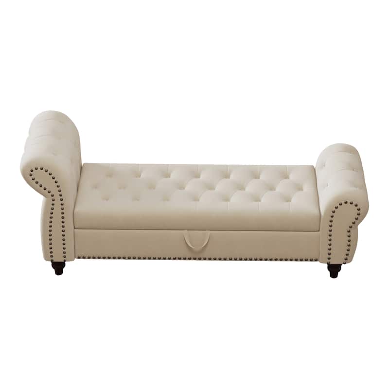 64.5" Bed Bench for Bed Room Nails Tufted Chaise of Lounge with Storage Velvet Upholstery Beige