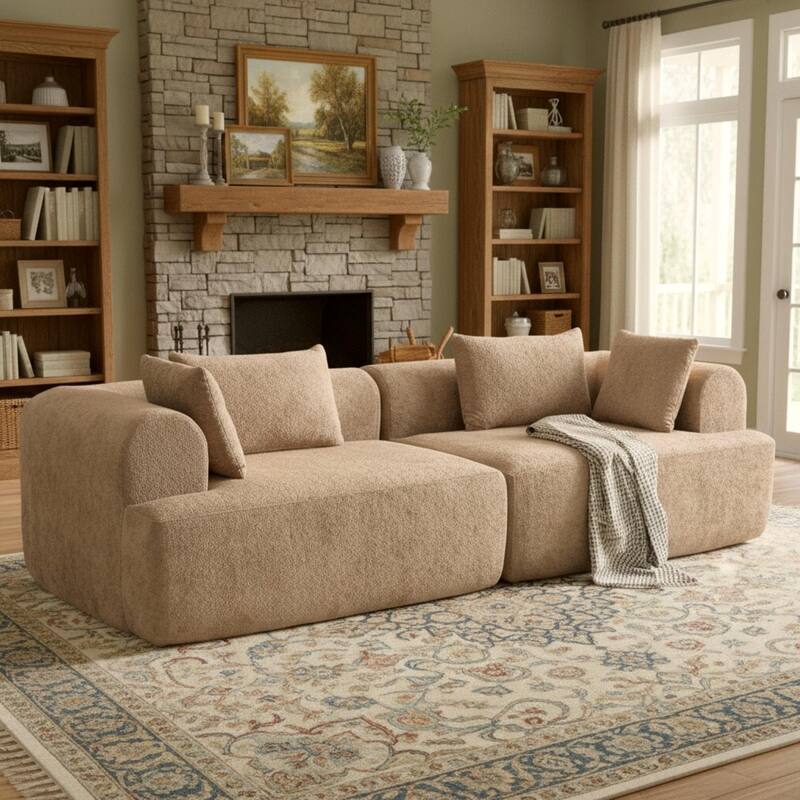 96" Boucle Fabric Sectional Sofa with Four Pillows, No Assembly Required