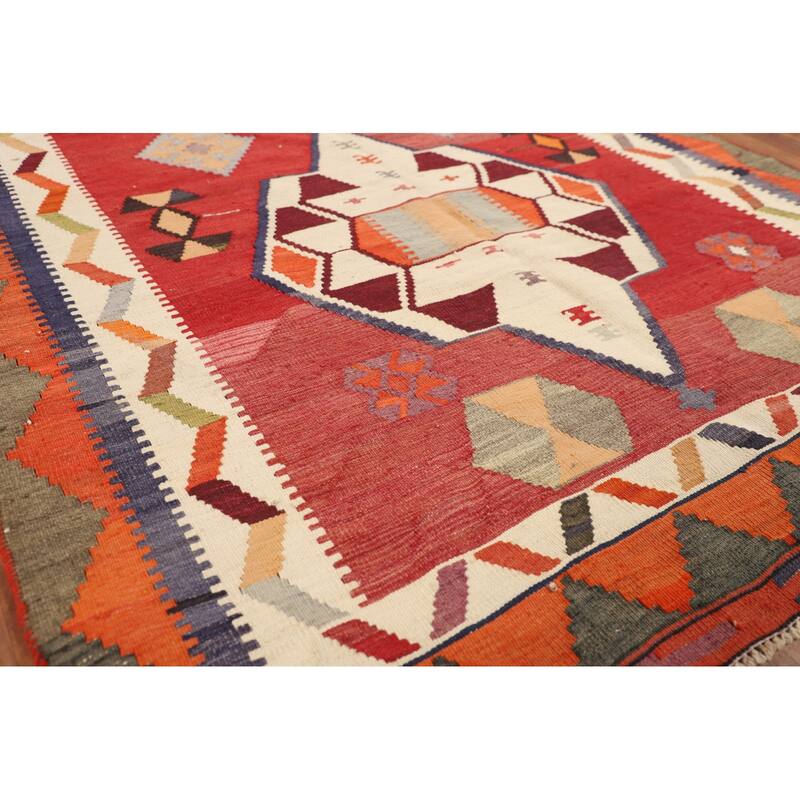 Geometric Kilim Qashqai Persian Vintage Rug Hand-Woven Wool Carpet - 4'5"x 8'1"