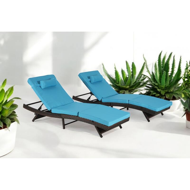 Adjustable Wicker Lounge Chair Set of 2 - Reclining Sunbathing Chairs with Cushions, All-Weather PE Rattan for Patio & Garden