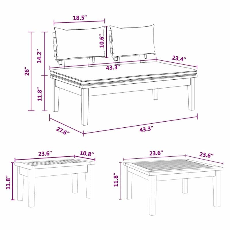 vidaXL Garden Bench Set with Cushion 3/4/5 pcs - 23.6" x 23.6" x 11.8