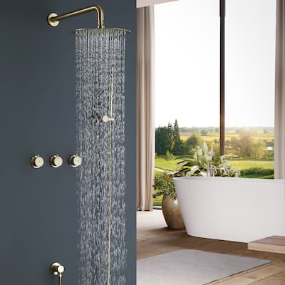 Triple Handle 2-Spray Shower Faucet 1.8 GPM with Ceramic Disc Valves Brass Wall Mounted Shower System in Brushed Gold