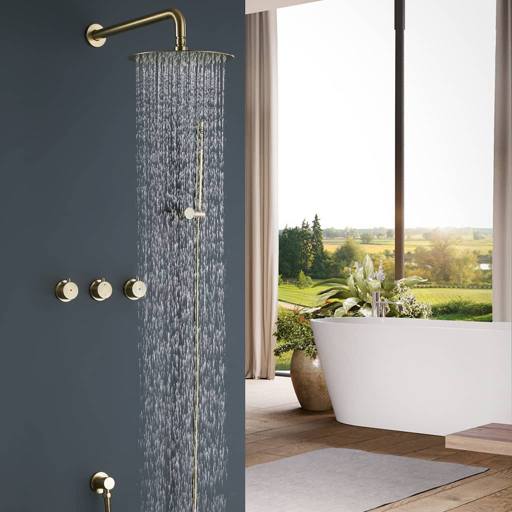 Triple Handle 2-Spray Shower Faucet 1.8 GPM with Ceramic Disc Valves Brass Wall Mounted Shower System in Brushed Gold