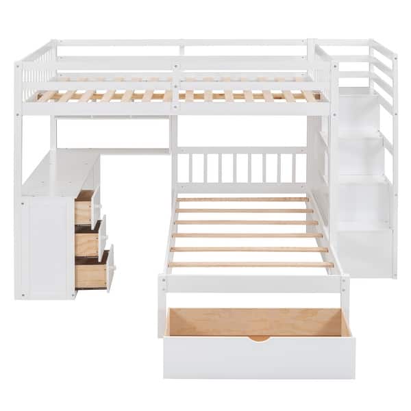 slide 2 of 18, Modern Design Full Over Twin Wood Bunk Bed,Footboard Drawer and Desk White