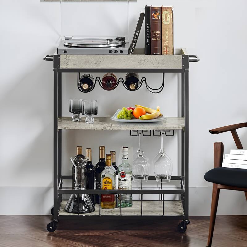 3-Tier Industrial Kitchen Serving Trolley - Wood and Metal Bar Cart with Wine Rack