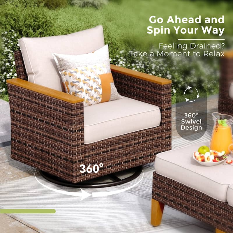 10 Piece Patio Wicker Rattan Furniture Set, Half-Moon Rattan Conversation sets with 2 X Swivel Chair Sofa and Firepit Table