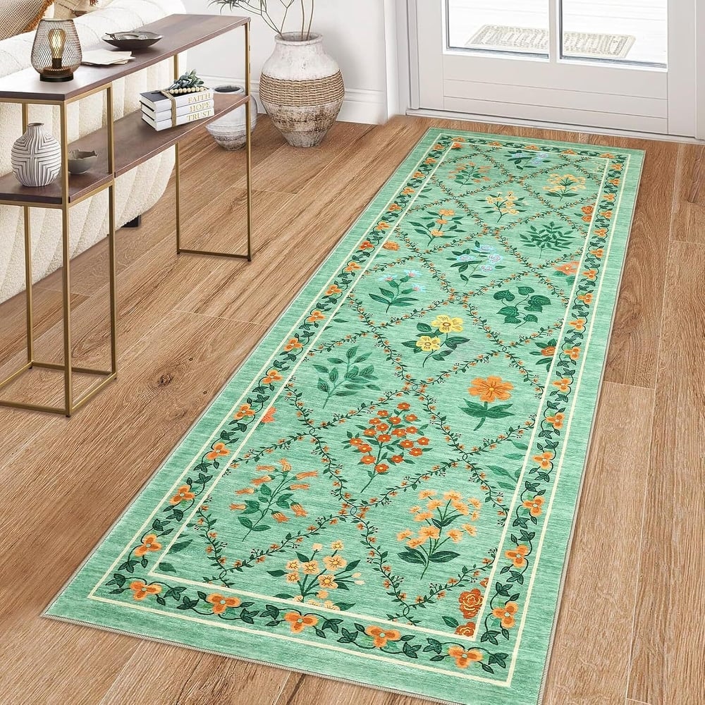 Vintage Floral Washbale Floor Cover Area Rug for Bedroom, Living Room, Light Green - 1'6" x 2'6"