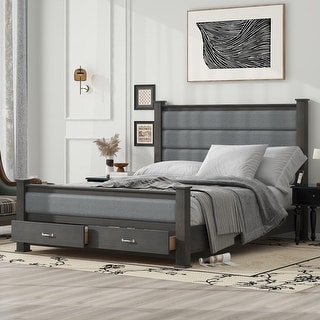 Queen Platform Bed with Upholstered Headboard & 2 Drawers - Antique Grey