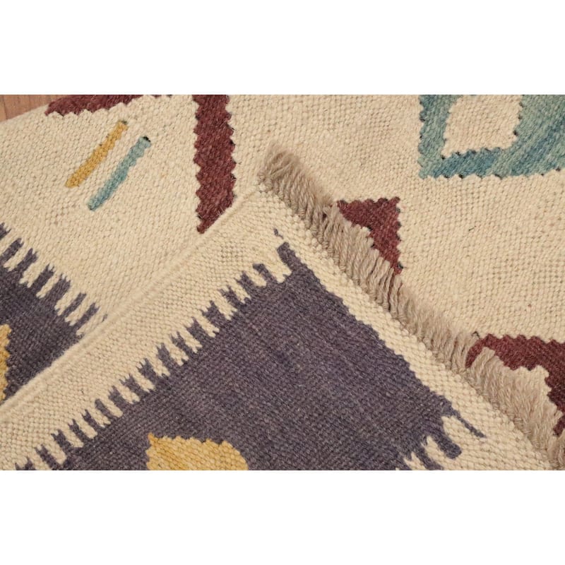 Hand Woven Oriental 100% Wool Carpet Southwestern Tribal Beige & Ivories Kilim Area Rug - 4' 10'' X 2' 10''
