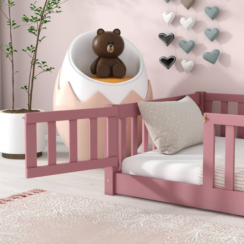 Twin size Floor Platform Bed with Fence and Door