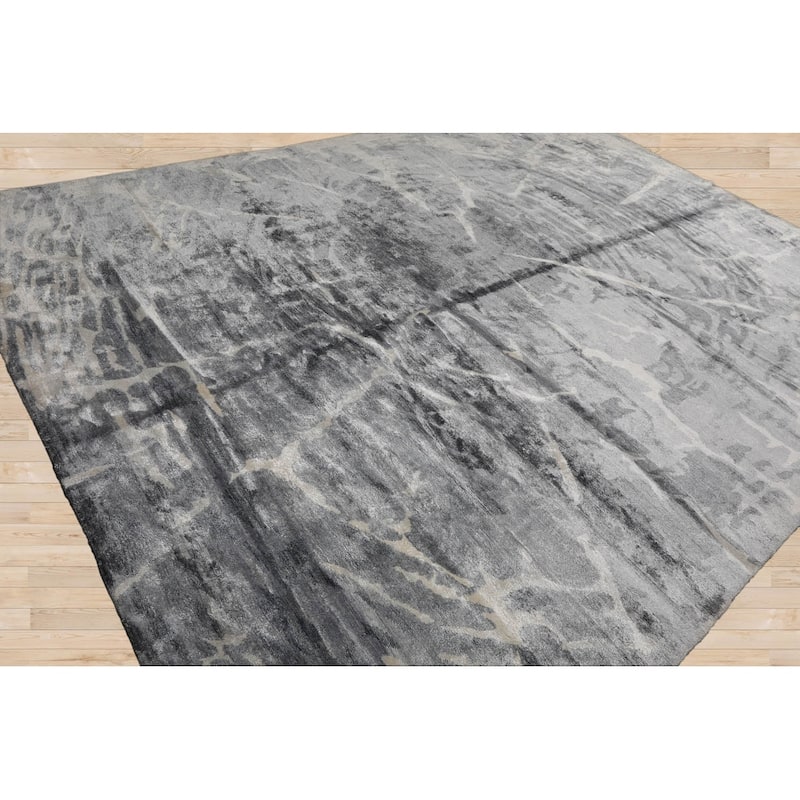 Hand Knotted Designer Tone On Tone, Gray Tibetan Bamboo Silk Area Rug - 9' 2'' x 12' 2''