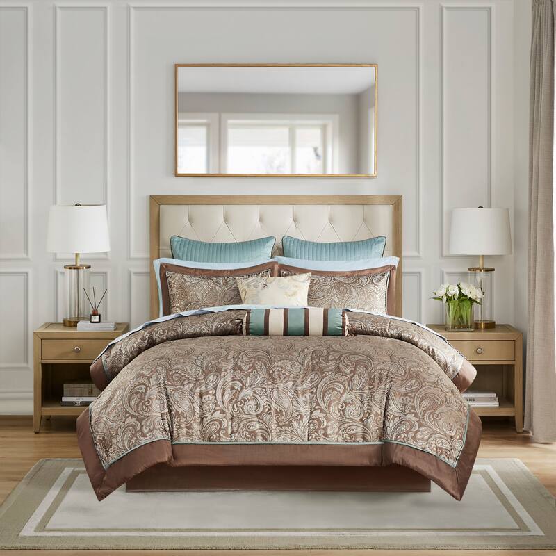 Madison Park Whitman Blue/ Brown 12 Piece Comforter Set with Cotton Bed Sheets - Queen