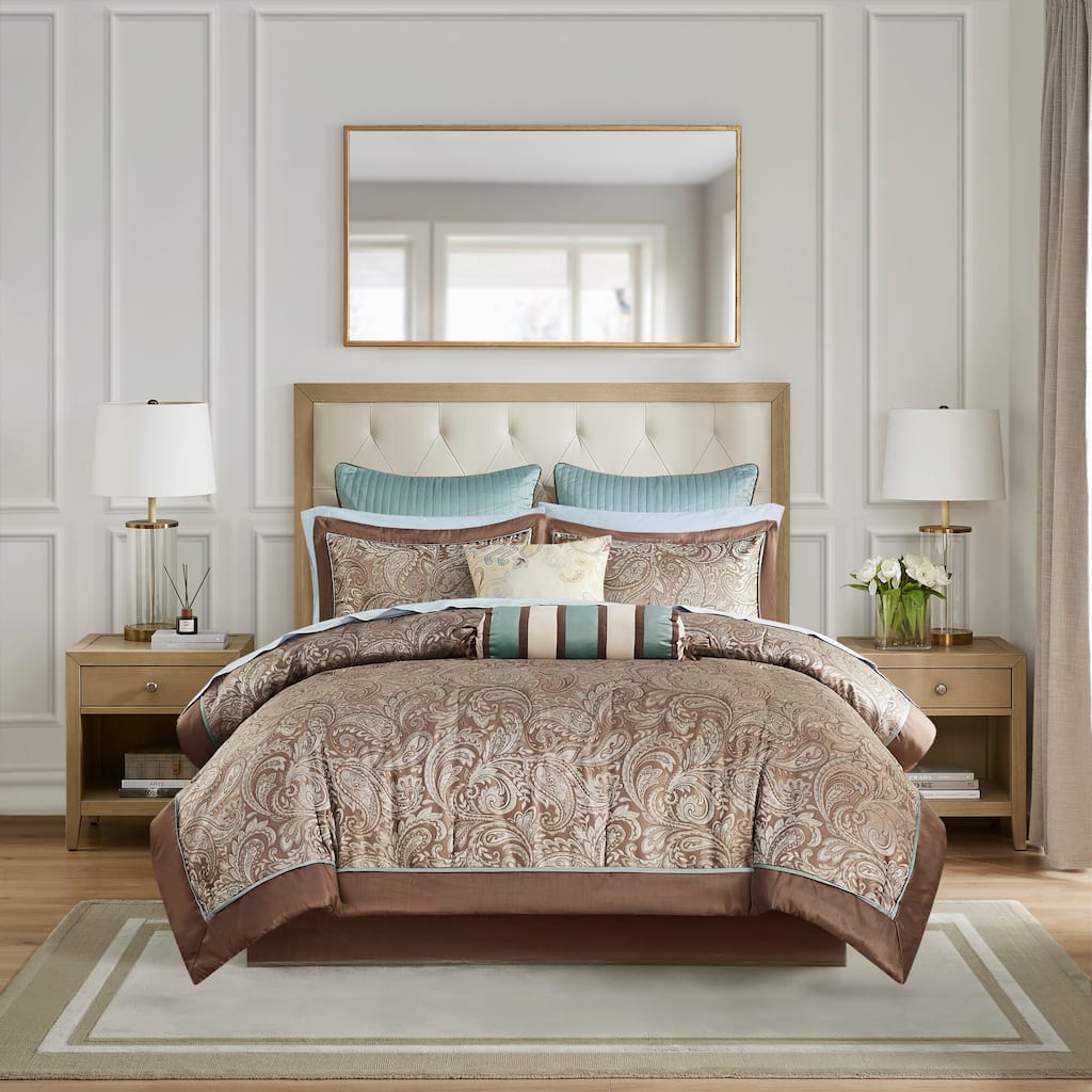 Madison Park Whitman Blue/ Brown 12 Piece Comforter Set with Cotton Bed Sheets