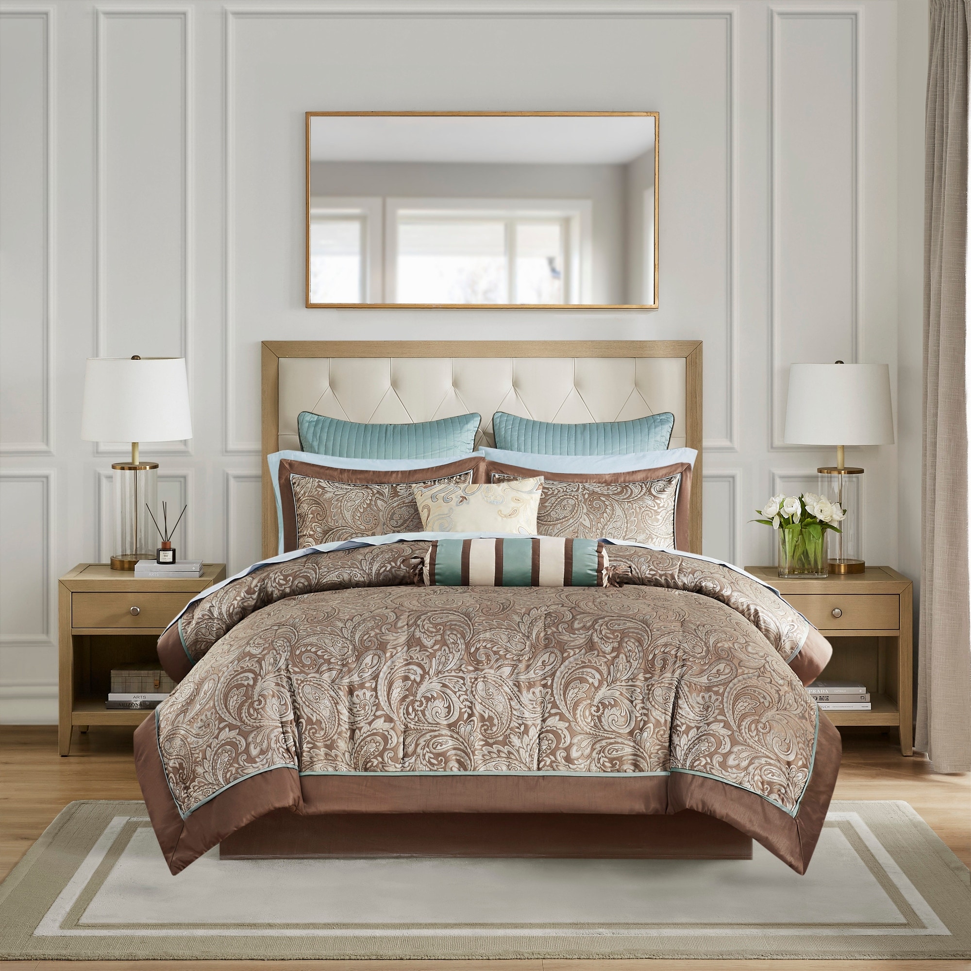 Madison Park Aubrey Blue/ Brown 12 Piece Comforter Set with Cotton Bed Sheets