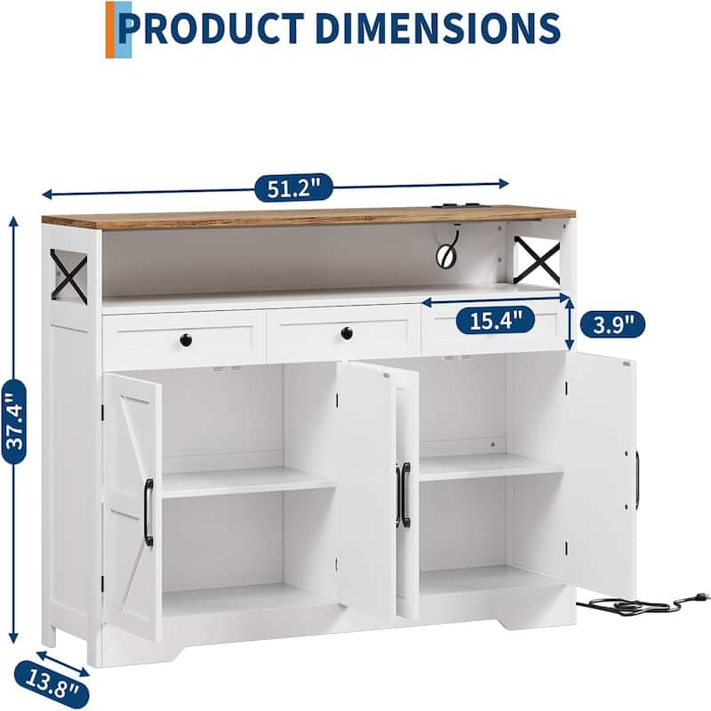 51" White Farmhouse Sideboard with Built-in Charging Station, Shelves and Drawers, White